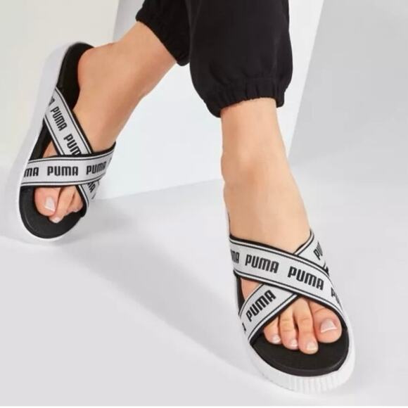 PUMA PLATFORM SLIDE SANDALS Women’s Size 9.5 380677-01 White/Black Chunky - Picture 2 of 10